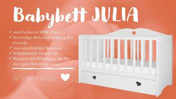 Babybett für Mädchen Julia, Liegefläche 120 x 60 cm, höhenverstellbar, mit Schublade