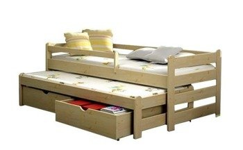 Doppelbett aus Holz mit Schubladen, Matratzen und der Sicherheitsbarriere LAMAS