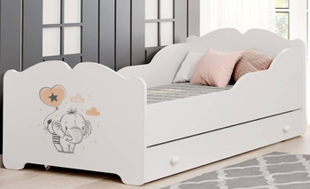 Kinderbett für Mädchen Anna 160 x 80 cm, weiß, mit Schublade, Lattenrost und Matratze + Motiv "Kleiner Elefant"
