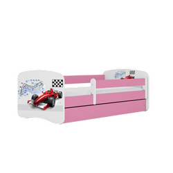 Einzelbett 140 x 70 cm für Kinder Babydreams weiß / pink mit Schublade, Design-Auswahl - "Formel 1"-Grafik