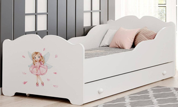 Kinderbett für Mädchen Anna 160 x 80 cm, weiß, mit Schublade, Lattenrost und Matratze + Motiv "Mädchen mit Flügeln"