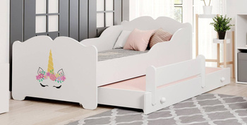 Doppelbett für Mädchen Anna 160 x 80 cm mit Matratzen und Lattenrosten + Motiv "Einhorn"