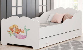 Kinderbett für Mädchen Anna 160 x 80 cm, weiß, mit Schublade, Lattenrost und Matratze + Motiv "Meerjungfrau"